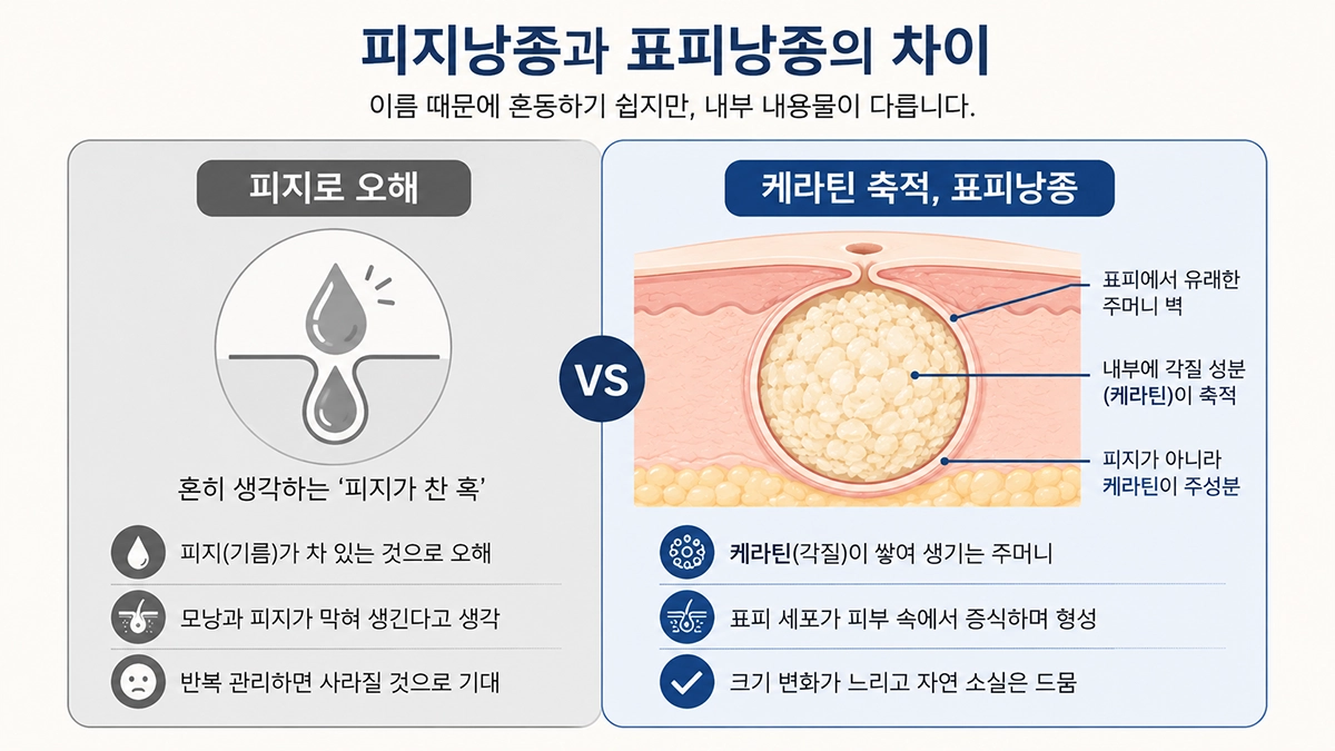 피지낭종이라는 표현과 실제 표피낭종의 케라틴 축적 구조를 비교한 이미지