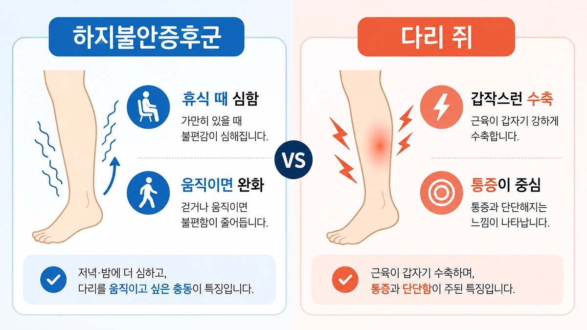 하지불안증후군과 다리 쥐의 증상 차이를 비교한 인포그래픽