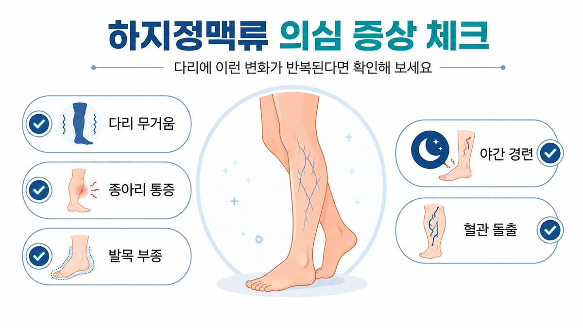 하지정맥류 증상인 다리 무거움과 부종, 종아리 통증, 혈관 돌출을 보여주는 체크리스트