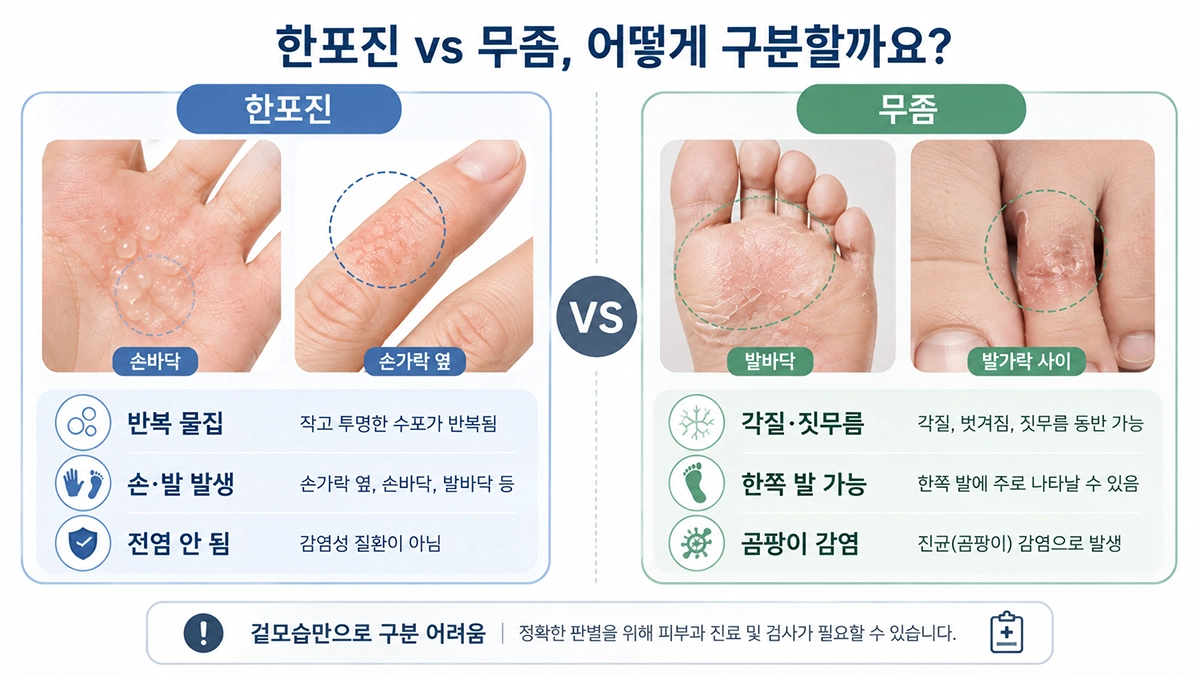 한포진과 수포형 무좀의 물집, 각질, 발생 양상을 비교한 인포그래픽