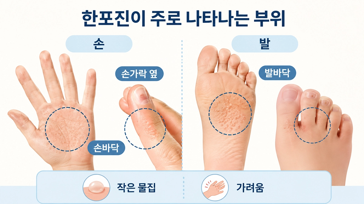 한포진이 손가락 옆과 손바닥, 발바닥에 작은 물집으로 나타나는 주요 부위