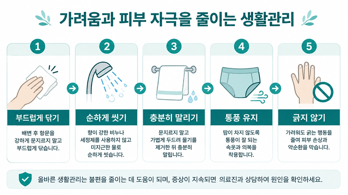 항문소양증 생활관리에서 배변 후 세정과 건조, 통풍 유지 방법을 단계별로 설명한 인포그래픽