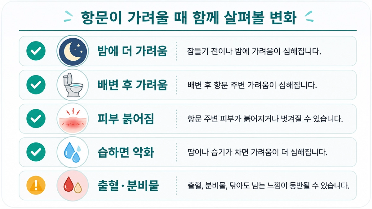 항문소양증에서 살펴볼 수 있는 야간 가려움과 피부 변화, 출혈 등의 확인 항목