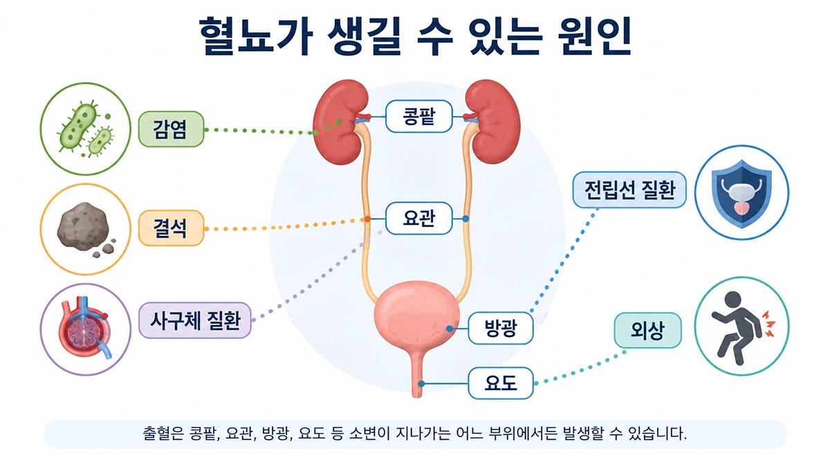 혈뇨 원인이 생길 수 있는 콩팥과 요관, 방광, 요도의 위치를 나타낸 인포그래픽
