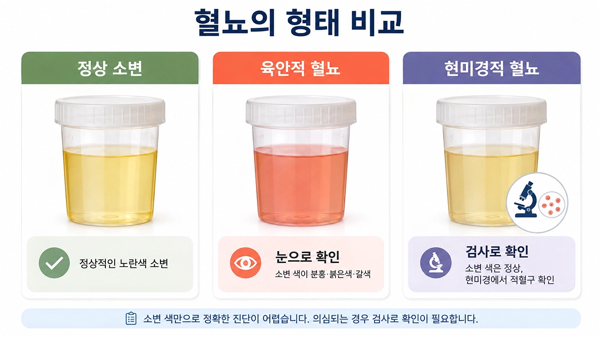 혈뇨의 육안적 형태와 현미경검사에서 확인되는 형태를 비교한 인포그래픽