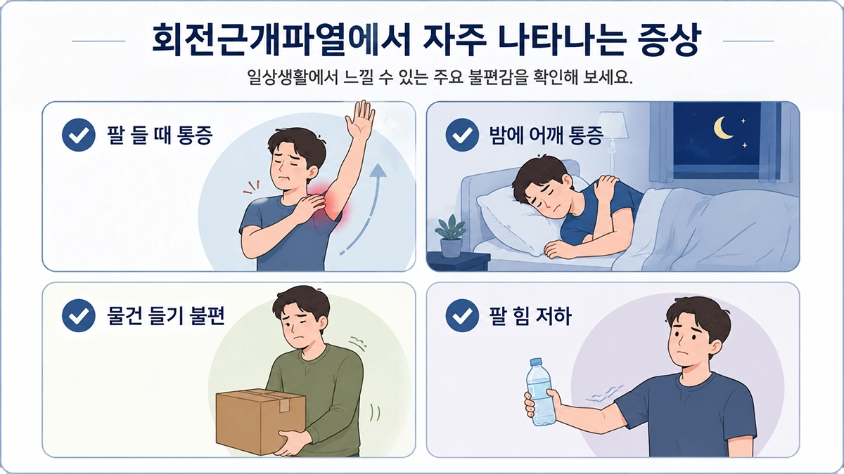 회전근개파열에서 나타날 수 있는 팔 들 때 통증과 야간통, 근력 저하 증상