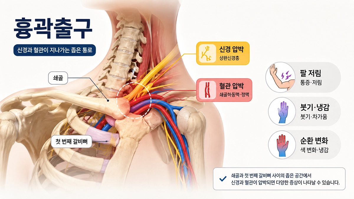 흉곽출구 증후군에서 쇄골 주변 신경과 혈관이 압박되는 위치를 보여주는 인포그래픽