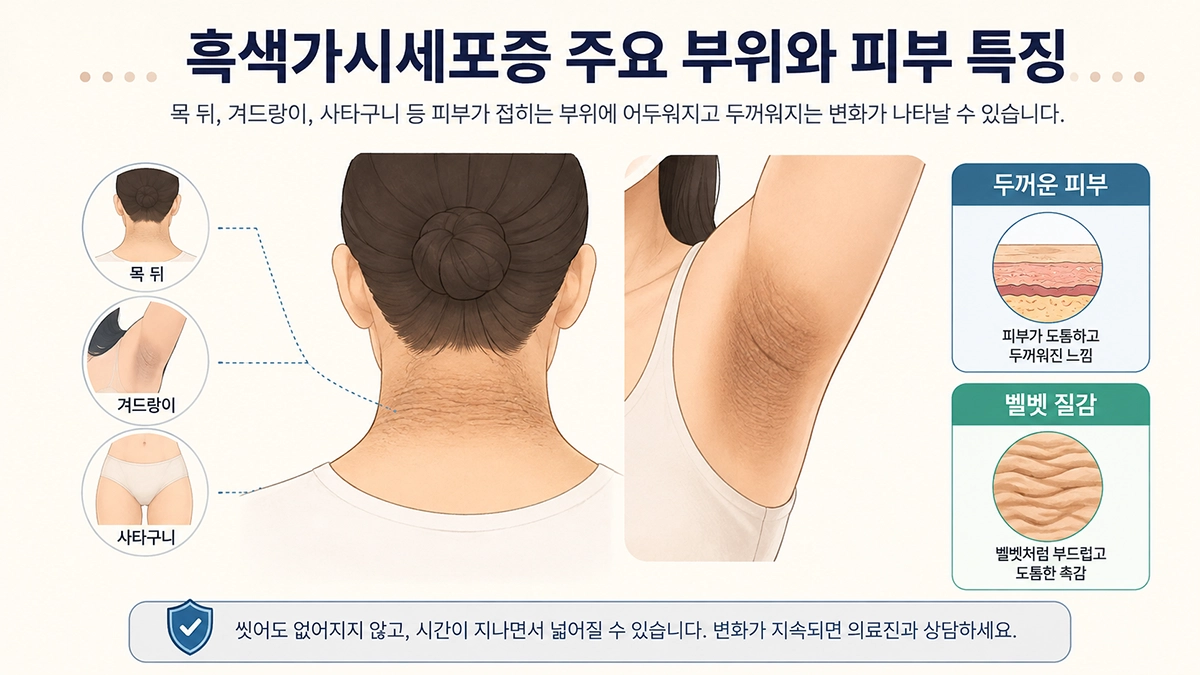 흑색가시세포증이 목 뒤와 겨드랑이에 나타나는 피부 변화를 설명한 인포그래픽