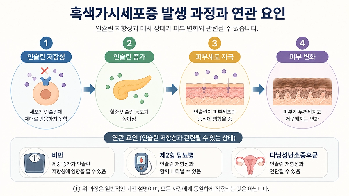 흑색가시세포증과 인슐린 저항성이 연관되는 과정을 단계별로 설명한 인포그래픽