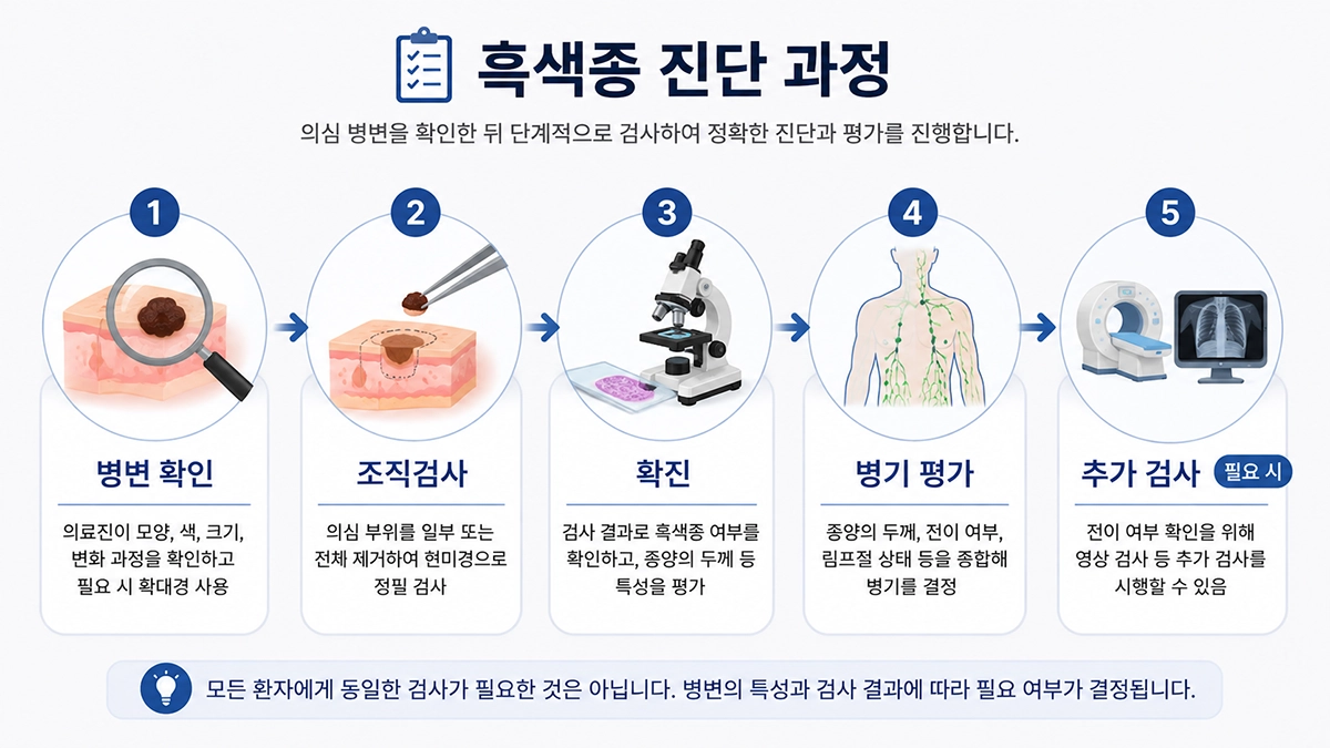 흑색종 의심 병변 확인부터 조직검사와 병기 평가까지의 진단 과정