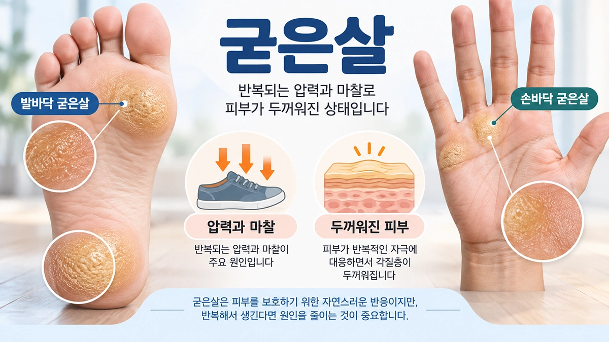 굳은살이 생긴 발바닥과 손바닥의 주요 부위와 압력·마찰 원인을 보여주는 인포그래픽