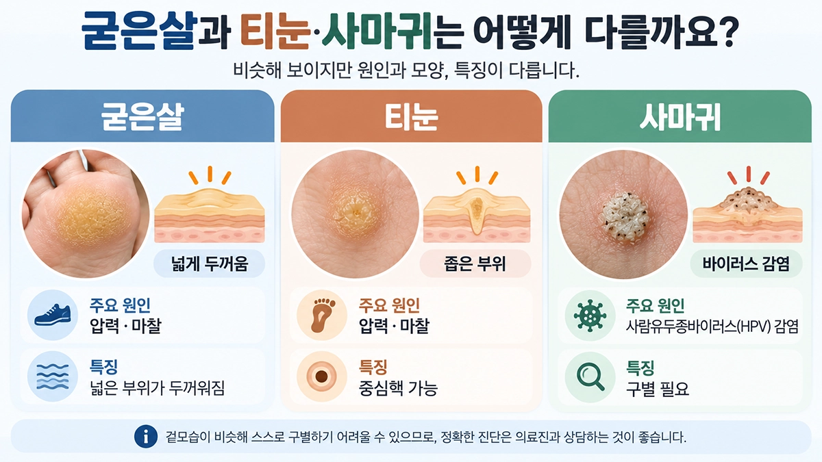 굳은살과 티눈 사마귀의 형태와 발생 원인 차이를 비교한 인포그래픽